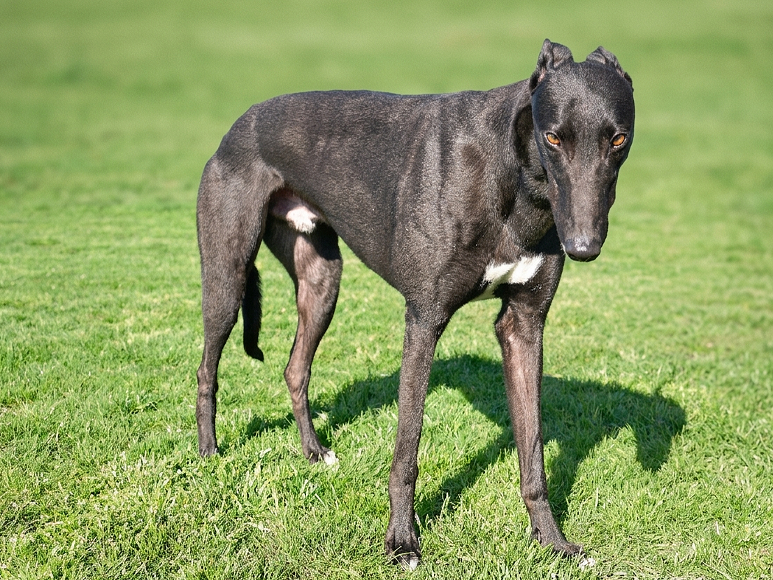 A black and white Greyhound dog standing on a grassy field.