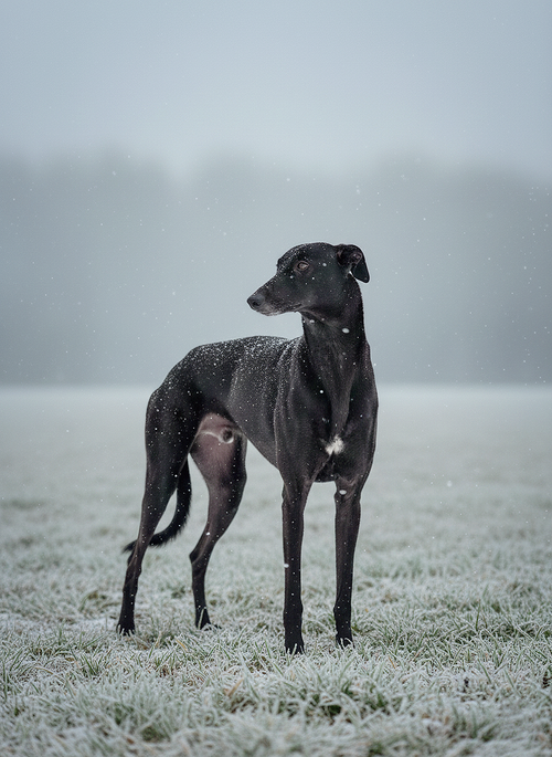 A black greyhound standing in a snowy field with snowfall and a foggy background.