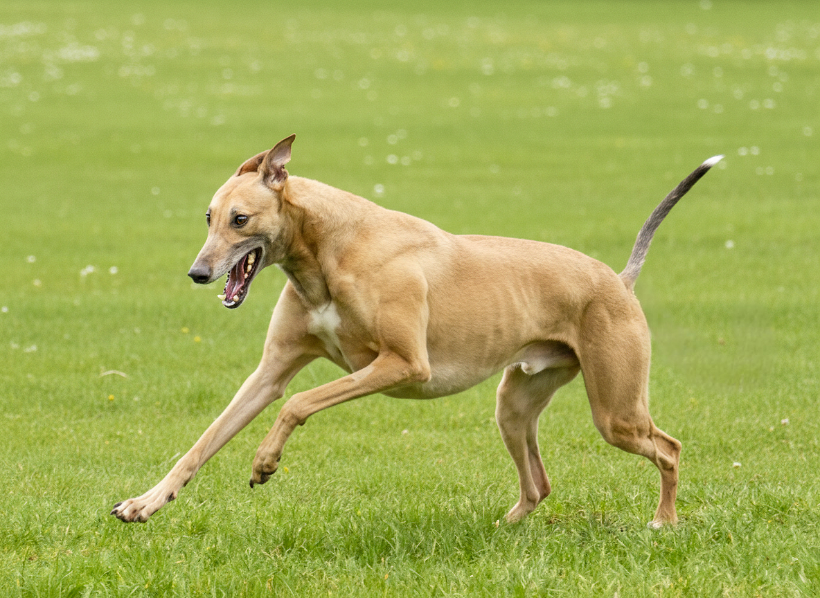 A tan dog running on a grassy field with its mouth open.