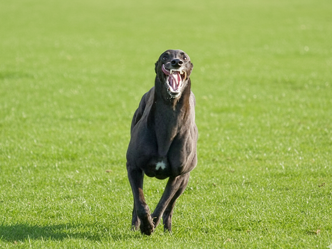 A black dog running on a grassy field with its mouth open, showing teeth.