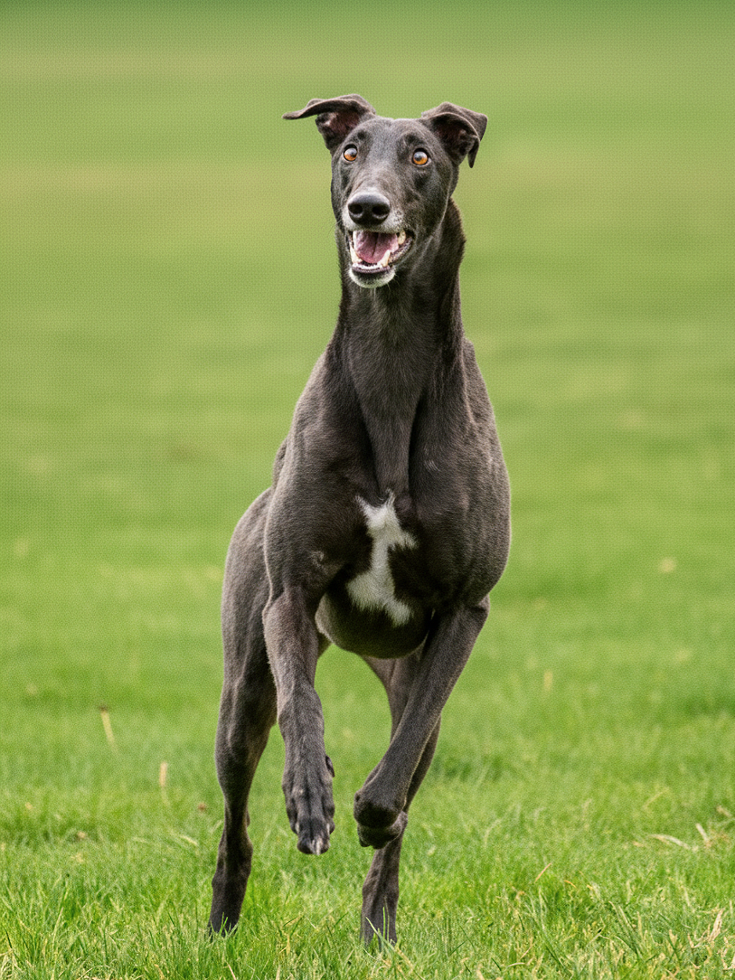 A black Greyhound dog running on a grassy field, looking happy with ears flopped and mouth open.