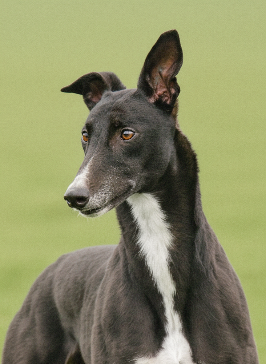 A black greyhound with a white patch on its chest, standing outdoors against a blurred green background.