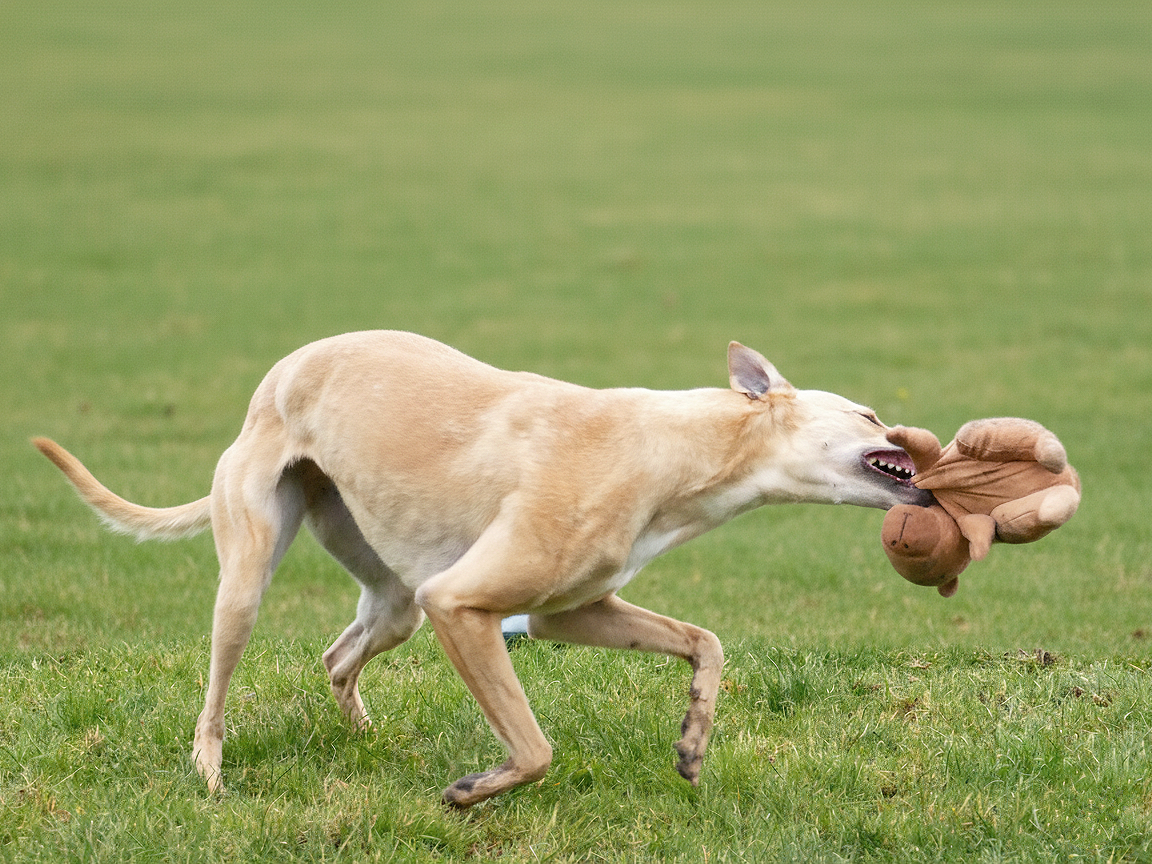 A dog running on a grassy field carrying a plush toy in its mouth.