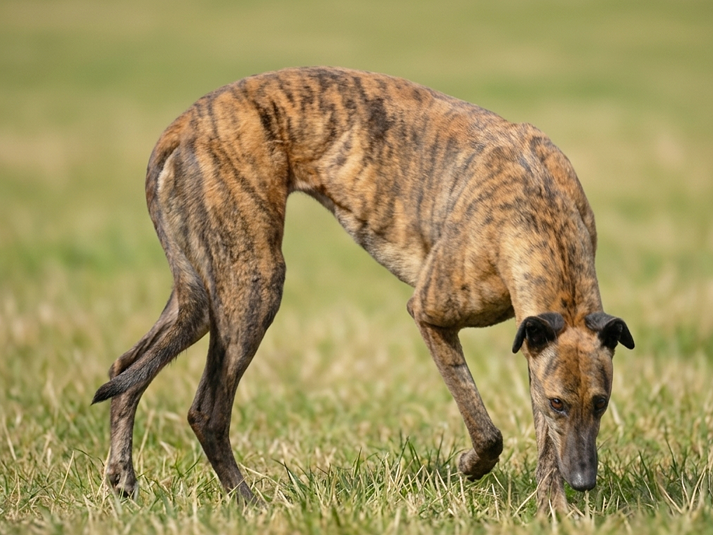 A brindle-colored dog with a slender build, possibly a Greyhound or similar breed, standing on grass and sniffing the ground.