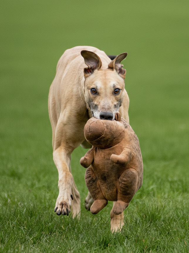 Dog with a tan coat running on grass while carrying a teddy bear in its mouth.