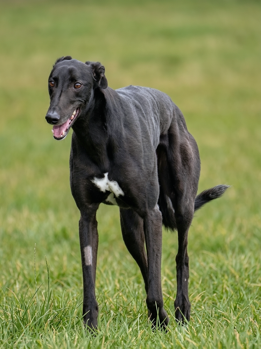 A slender, black dog with a white patch on its chest, standing in a grassy field, looking back with its mouth open.
