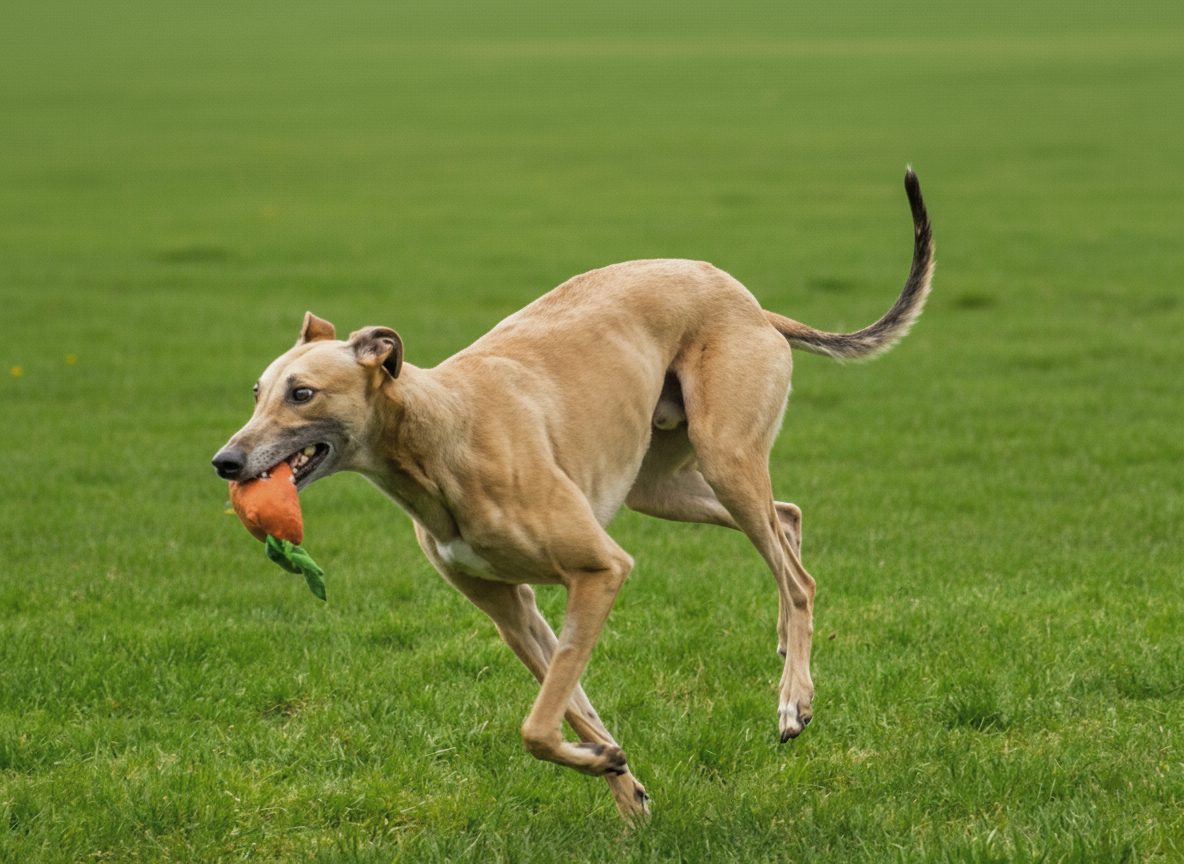 A tan dog running on green grass with a toy in its mouth.
