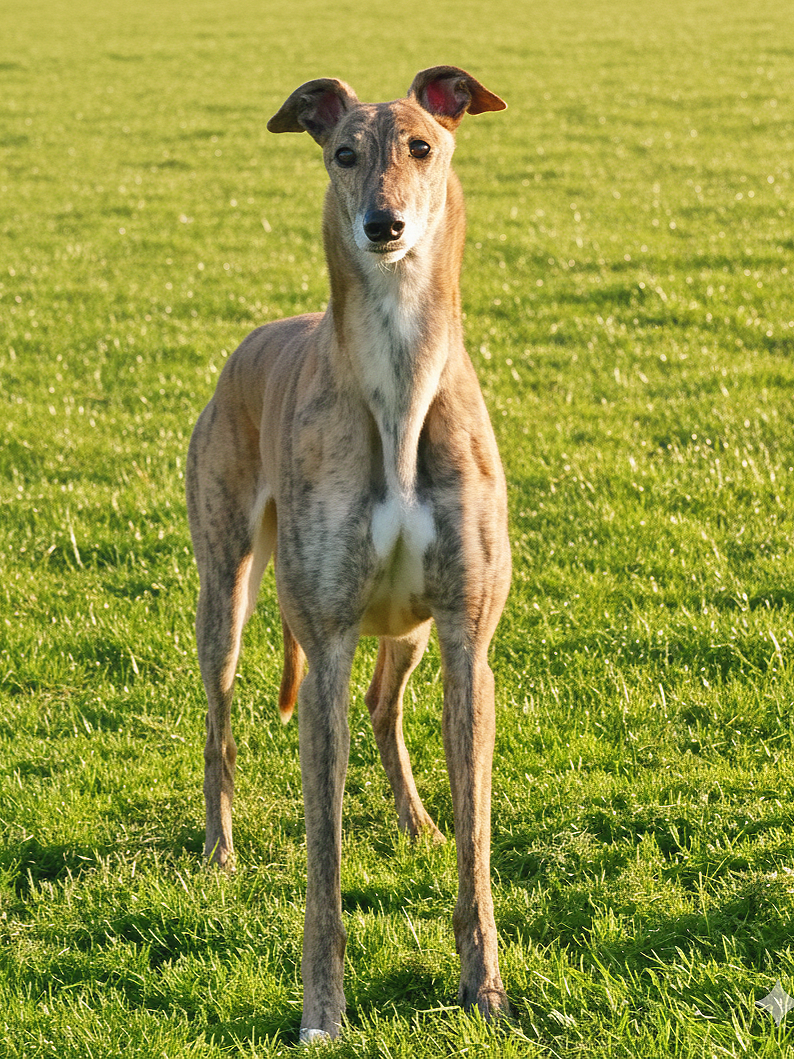 A slender Greyhound dog standing in a grassy field during daytime.