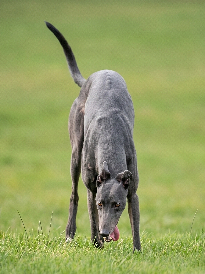 A greyhound dog walking on a grassy field with its tongue out, tail up, and looking directly at the camera.