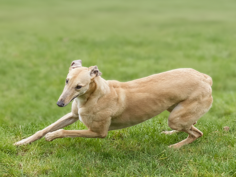 Dog with the body of a greyhound and the head of a human, stretching on grass field.