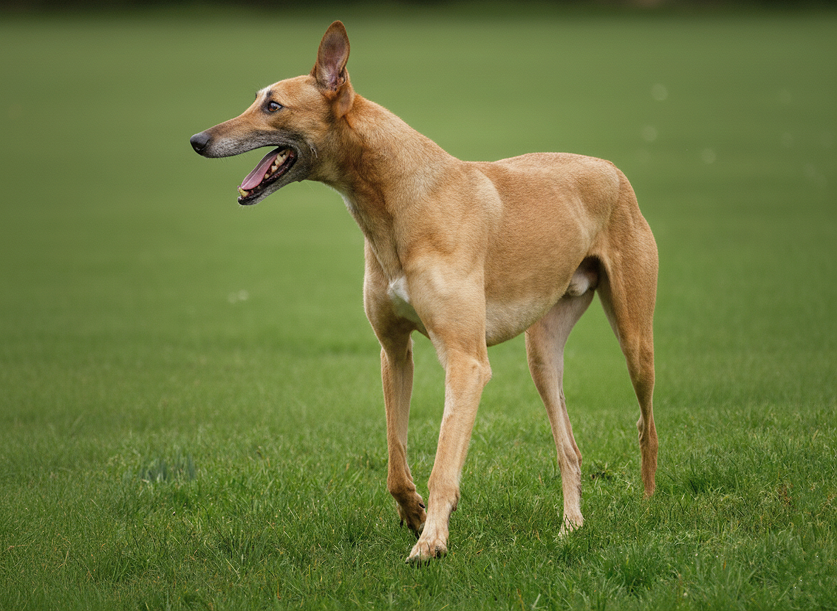 A tan-colored dog, possibly a Greyhound or Whippet, standing on grass with its mouth open and tail down.