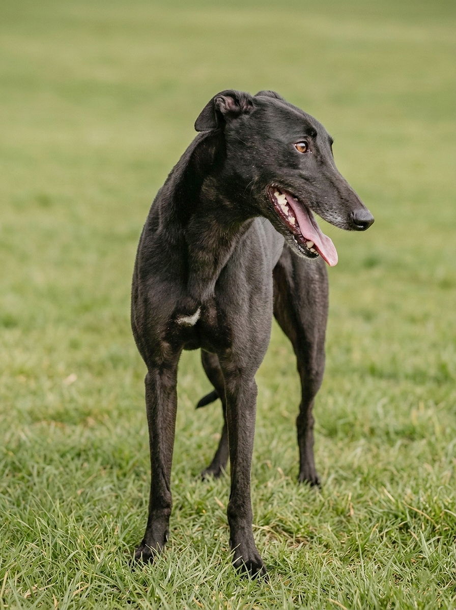 A black dog standing on green grass, looking to the right with its tongue hanging out.