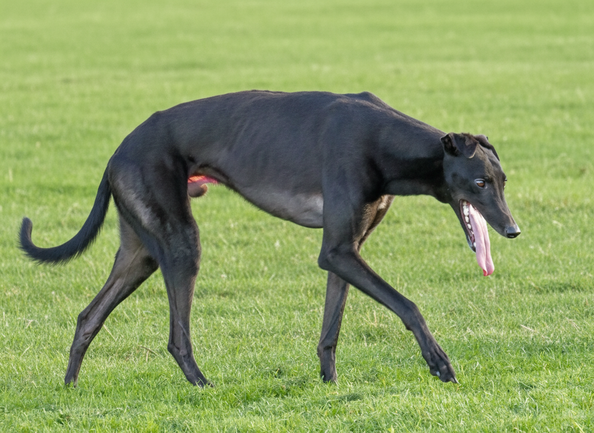A black Greyhound dog walking on a grassy field with its tongue hanging out.