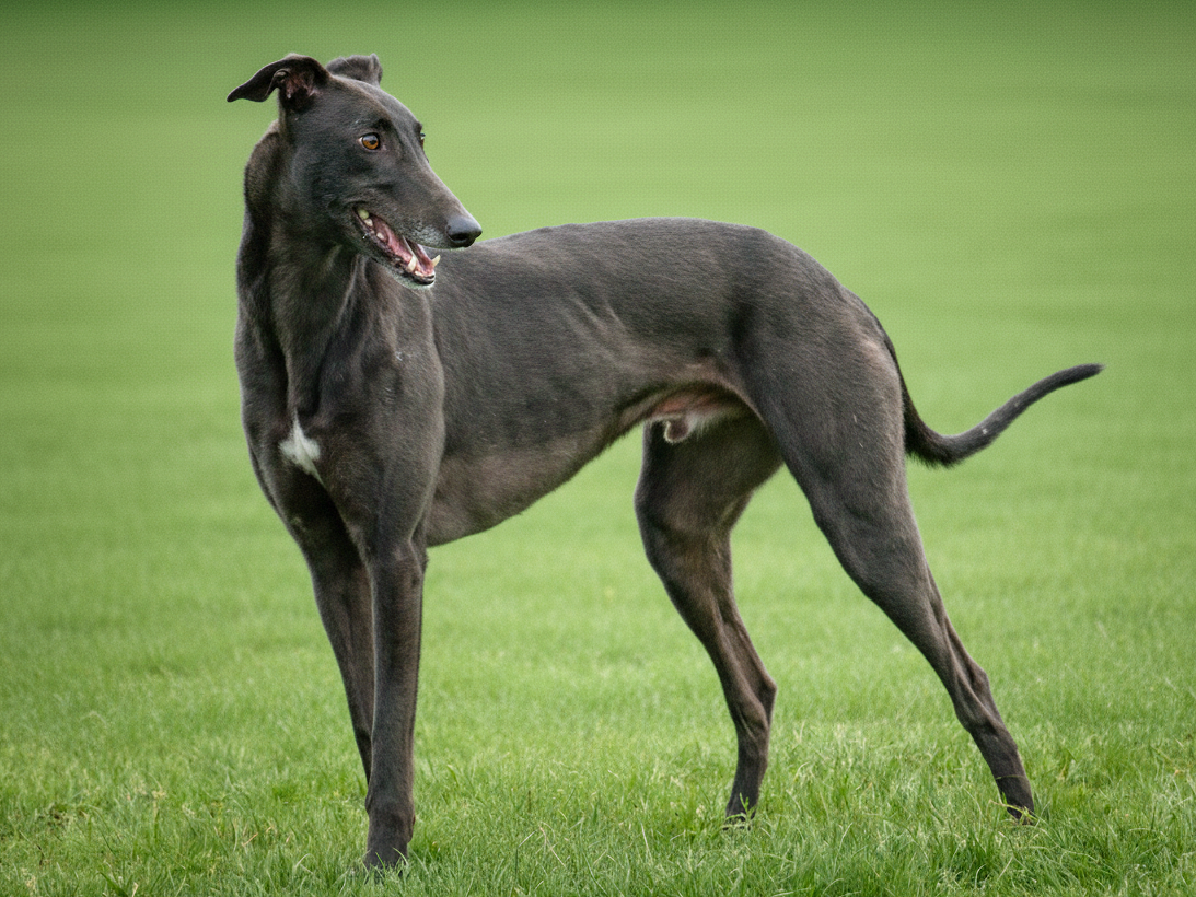 A slender black Greyhound dog standing on green grass with an alert expression.