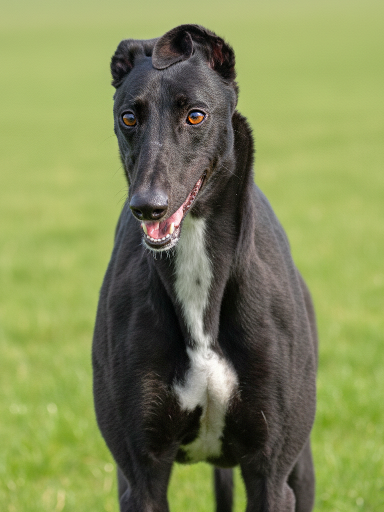 A black greyhound dog with a white chest standing on a grassy field, looking at the camera with a relaxed expression.