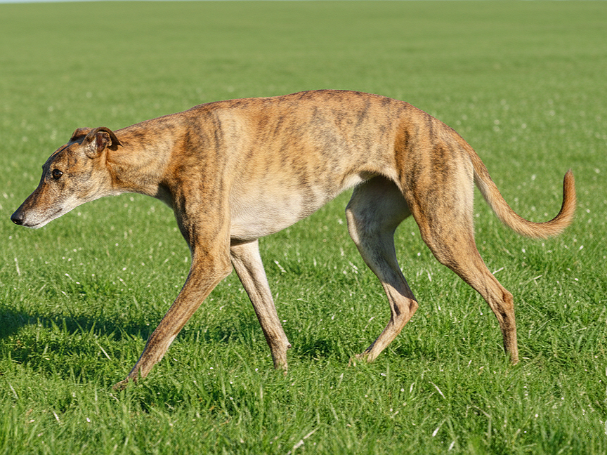 A slender, brown dog with a brindle coat walking on a grassy field.