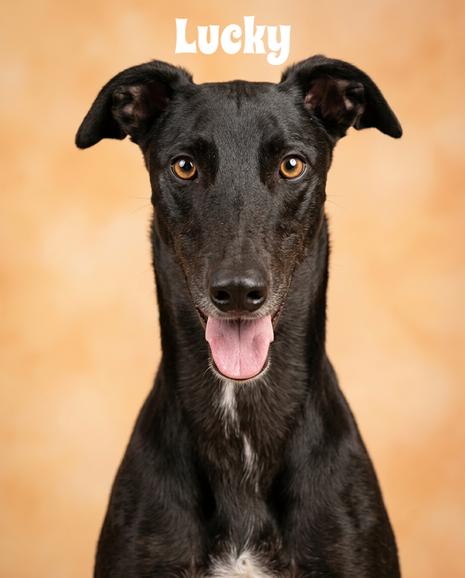 A black dog with tan eyes and a white patch on its chest, smiling with its tongue out, against a warm, blurred background, with the word 'Lucky' written above it.
