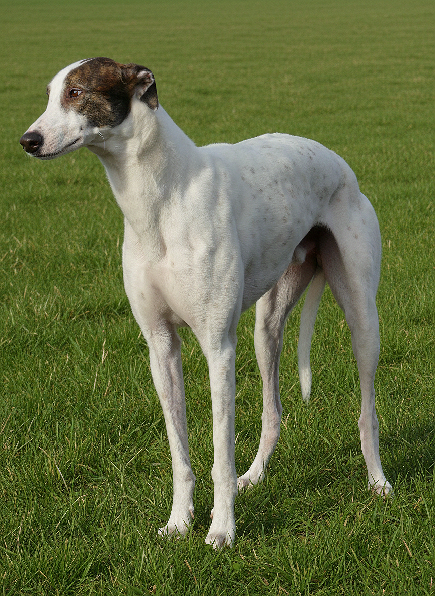 A white and brown dog standing on green grass in a field.