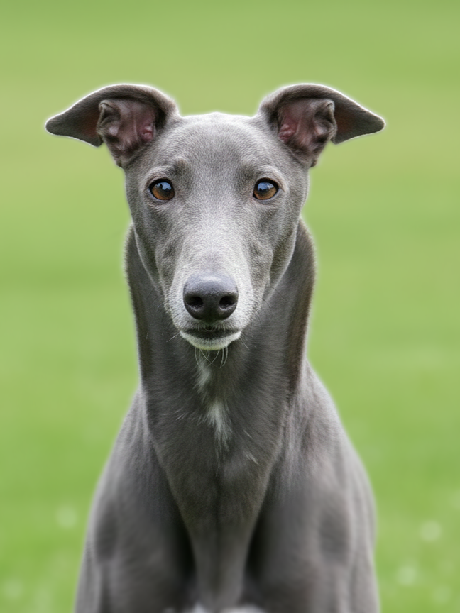 A gray Italian Greyhound dog sitting outdoors on grass, facing forward with a focused expression.