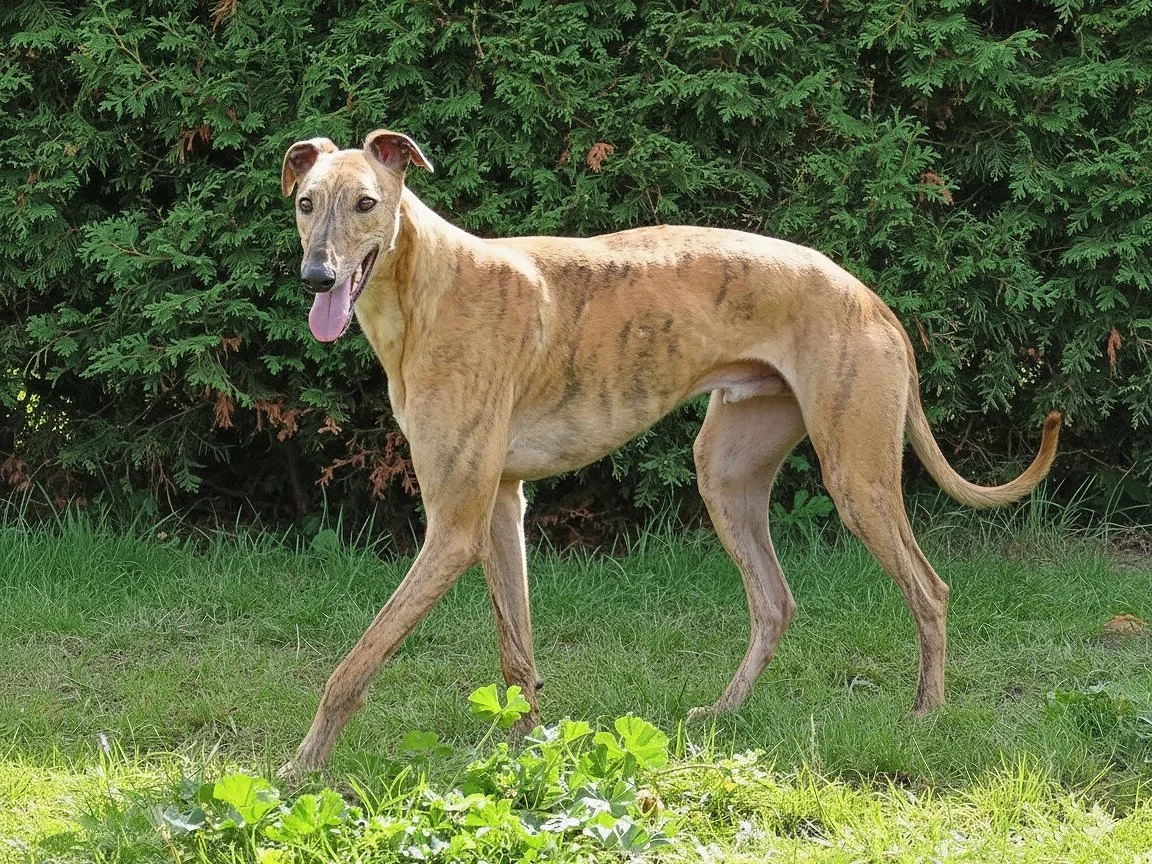 A tan dog with a slender build walking in a grassy area with green shrubs in the background.