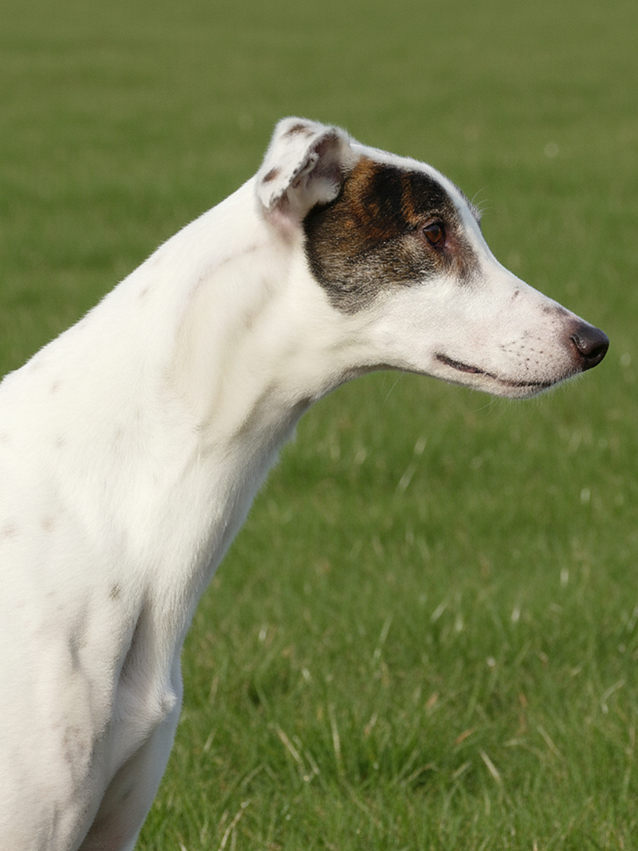 Profile of a white and brown dog sitting on green grass.