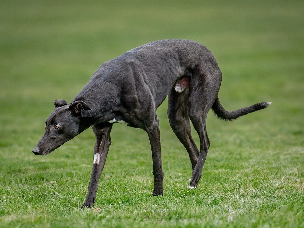 A black dog with white markings on its leg standing on green grass and looking down.