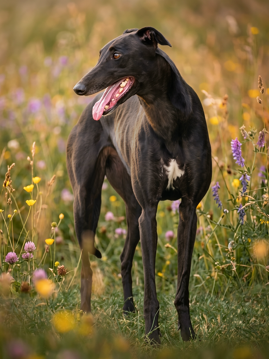 A black Greyhound dog standing in a field of wildflowers with a blurred background of grass and flowers, with its tongue hanging out.