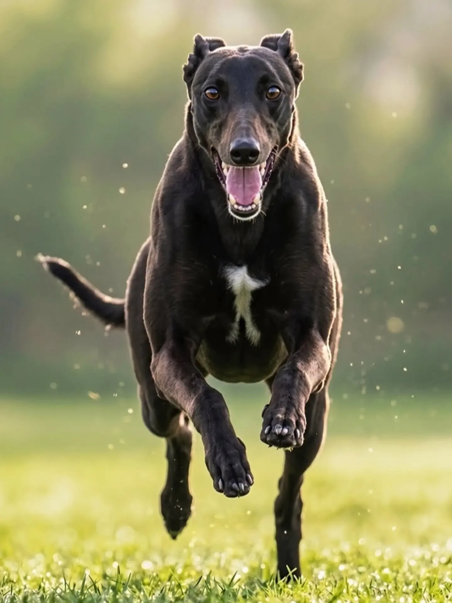 A black dog with a white patch on its chest running on grass, looking happy with its tongue out.