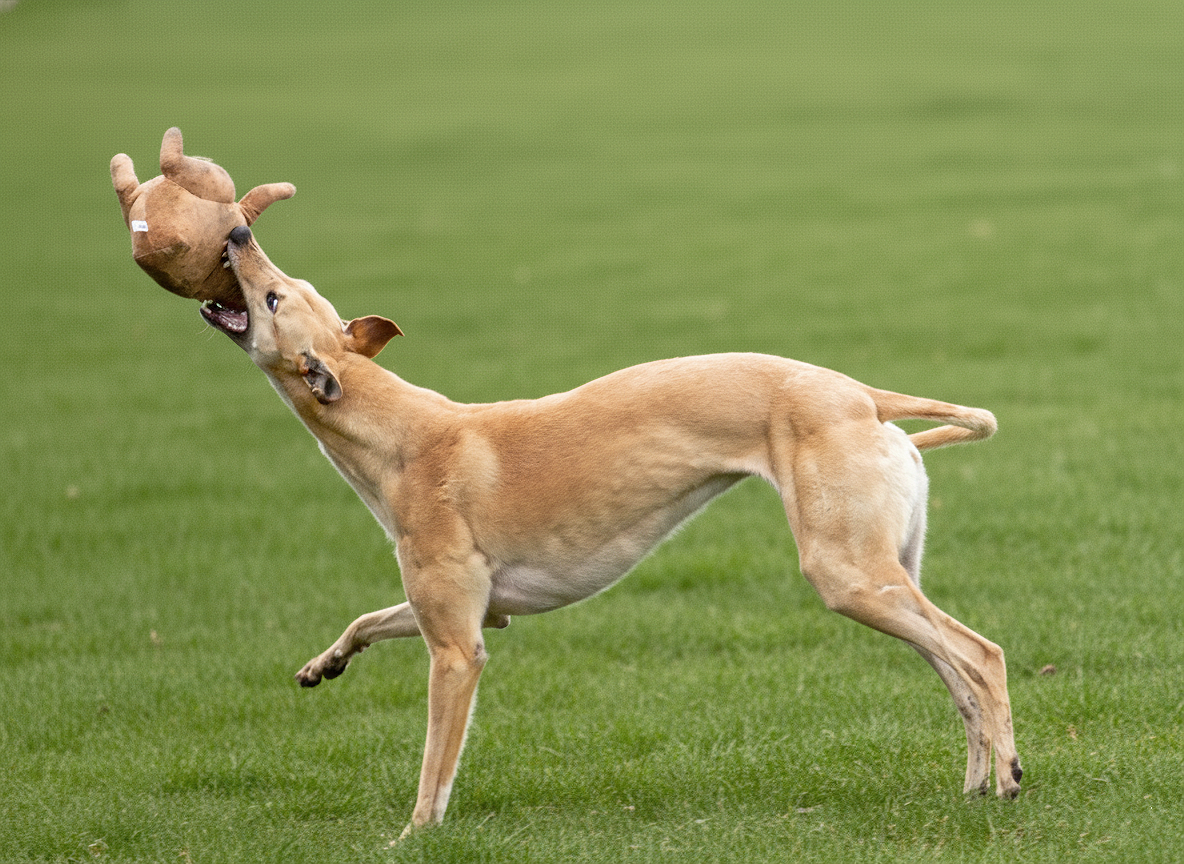 A dog catching a brown plush teddy bear toy in a grassy field.