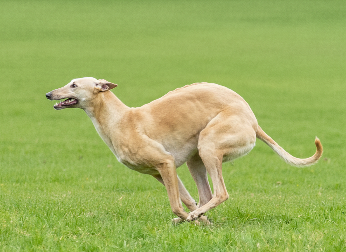 A tan greyhound running on a grassy field with its mouth slightly open.