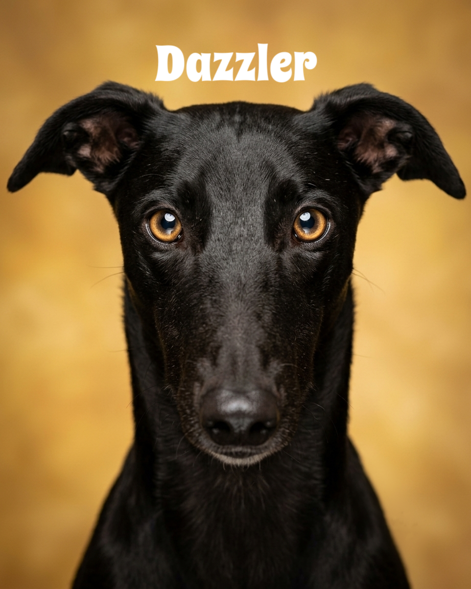 Close-up of a black dog with amber eyes and large ears, looking directly at the camera with the word 'Dazzler' written above its head.