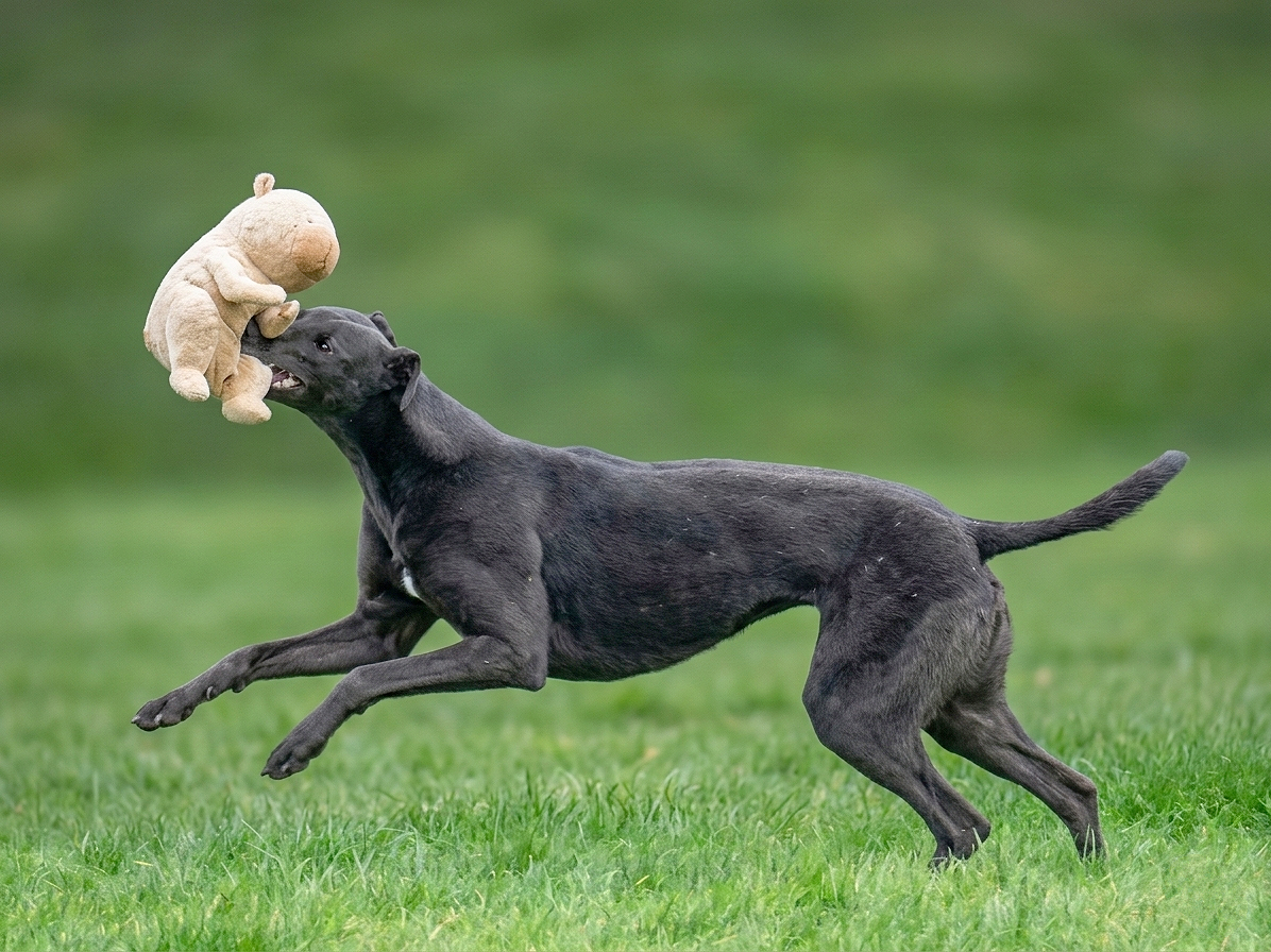 Black dog catching a beige stuffed toy in its mouth while running on green grass