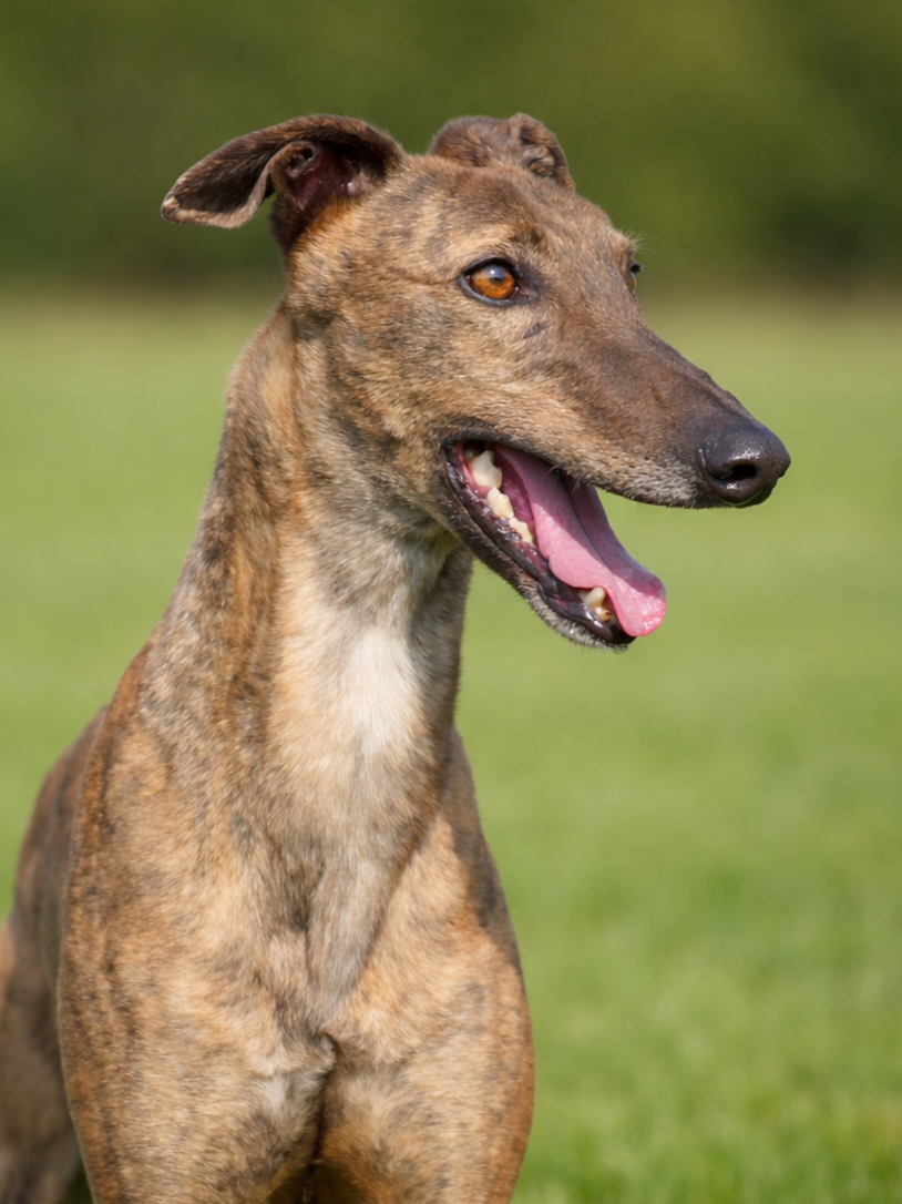 A happy brindle greyhound with one ear slightly bent, outdoor background with green grass.
