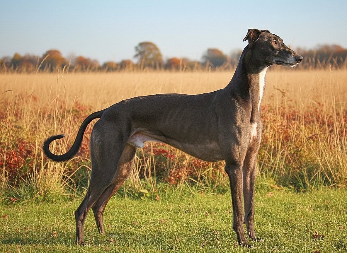 A slender and elegant dog, likely a Greyhound or similar breed, standing in a grassy field with tall, dry grass in the background, during sunset or early evening.