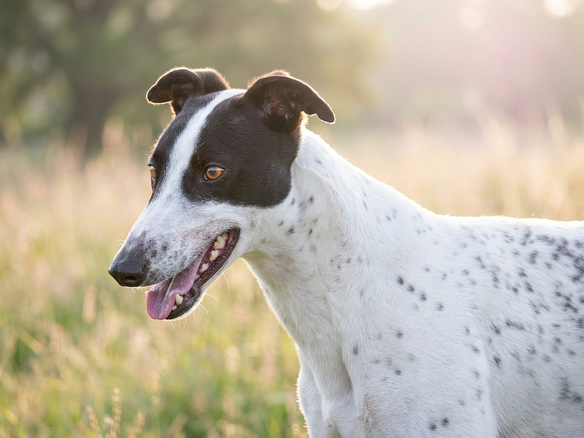 A black and white dog, likely a greyhound, standing outdoors in a grassy field during sunset, with its mouth open and tongue slightly out.