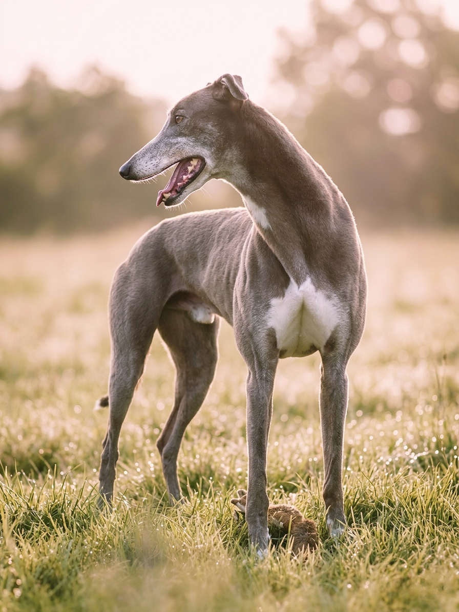 A greyhound dog standing in a grassy field during sunset with a small animal near its legs.