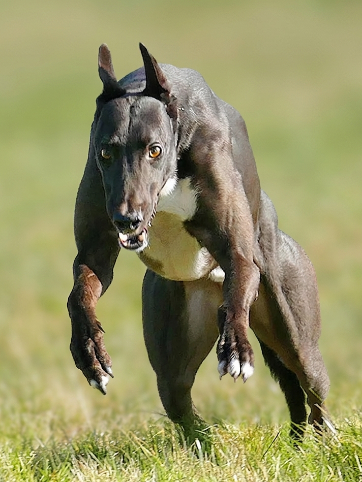 A dog with the body of a large breed running on grass, but with the head of a horse instead of a dog’s head.