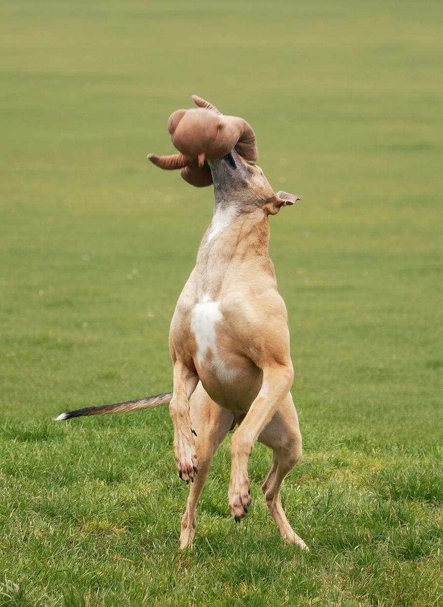 A dog standing on its hind legs holding a large potato in its mouth on a grassy field.