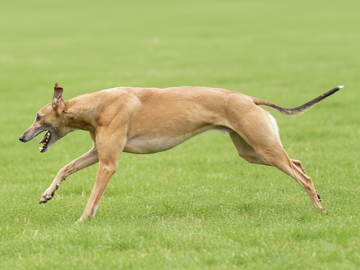 A tan dog with a slender body running across a grassy field.