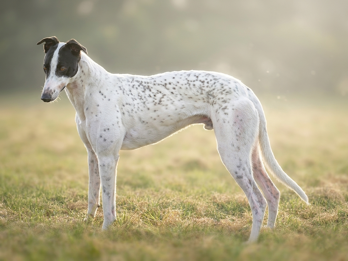 A white and black spotted dog standing in a grassy field with blurred background