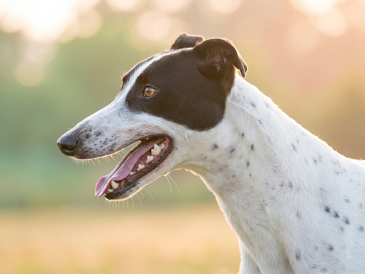 A black and white dog with a spotted coat, looking to the left with its mouth open and tongue hanging out, outdoors in soft sunlight.