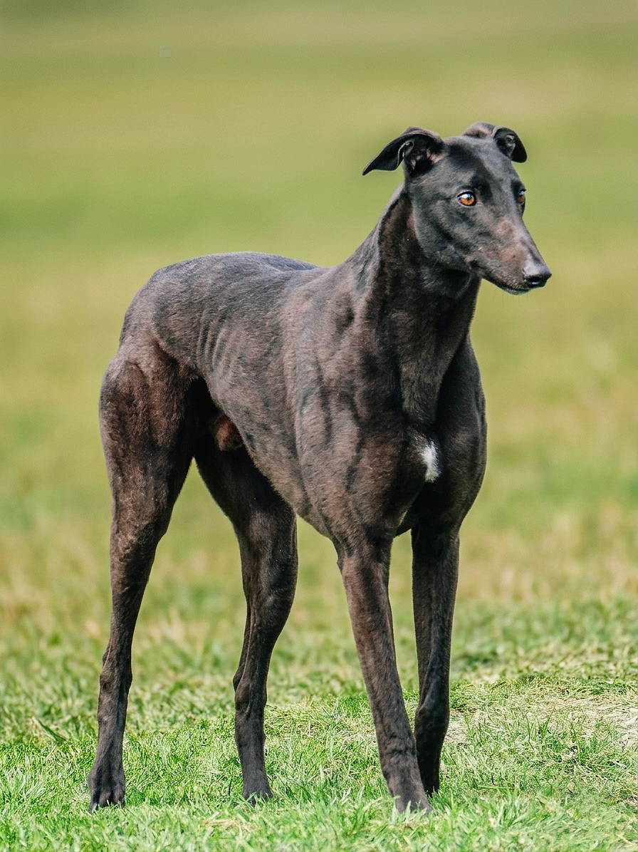 A black greyhound standing on grass in a field.