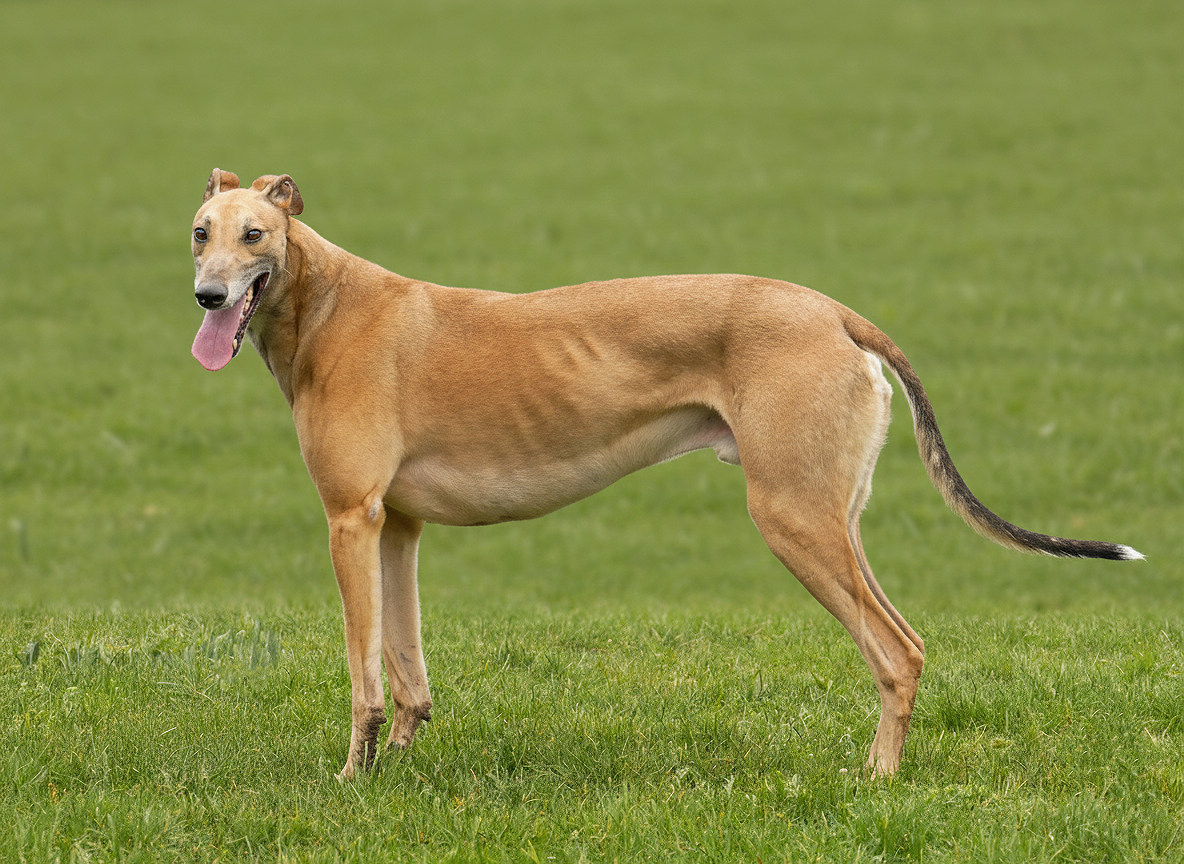 A brown dog with a long tail standing on grass