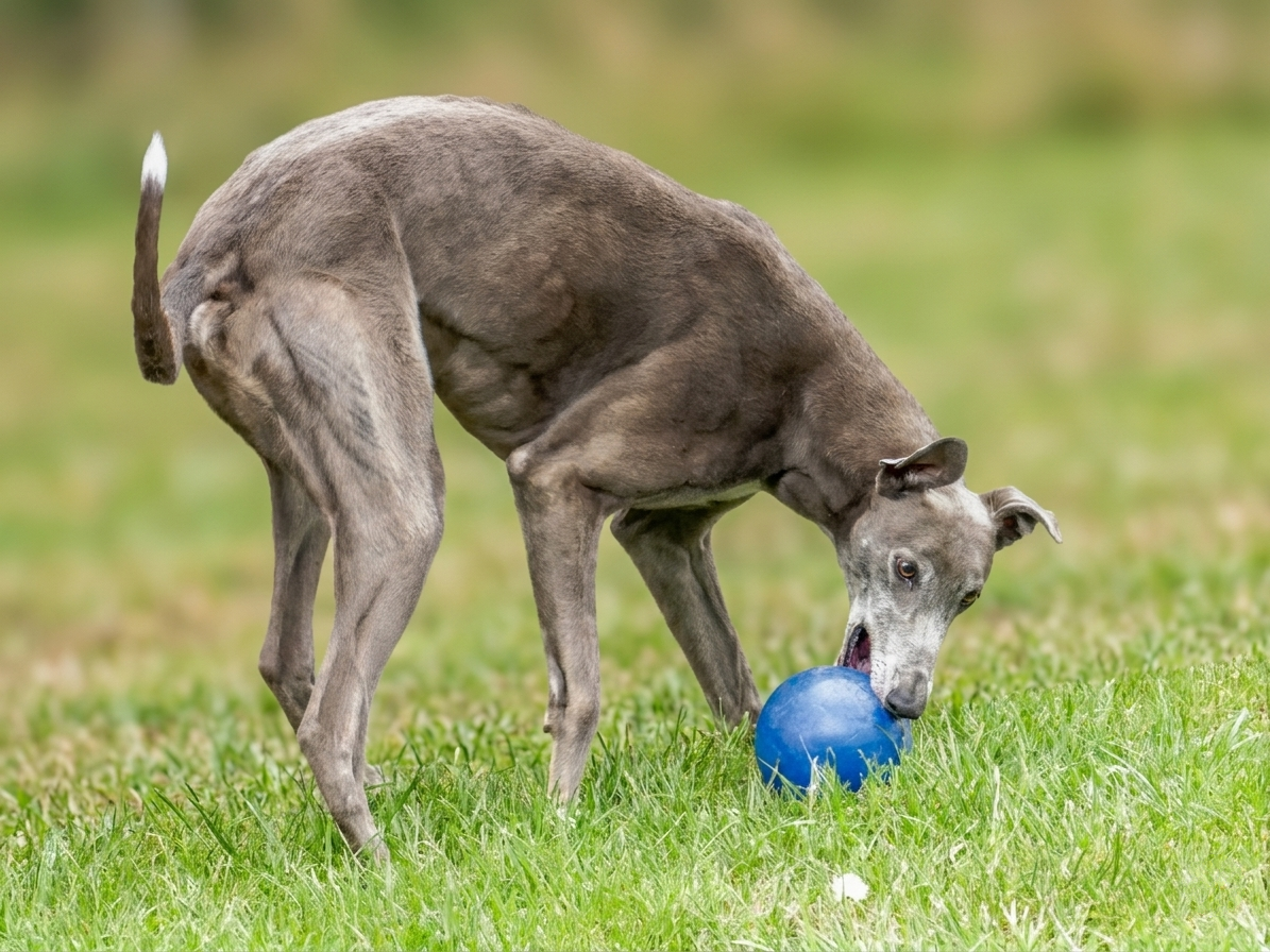 A dog playing with a blue ball on green grass, bending down to bite the ball.