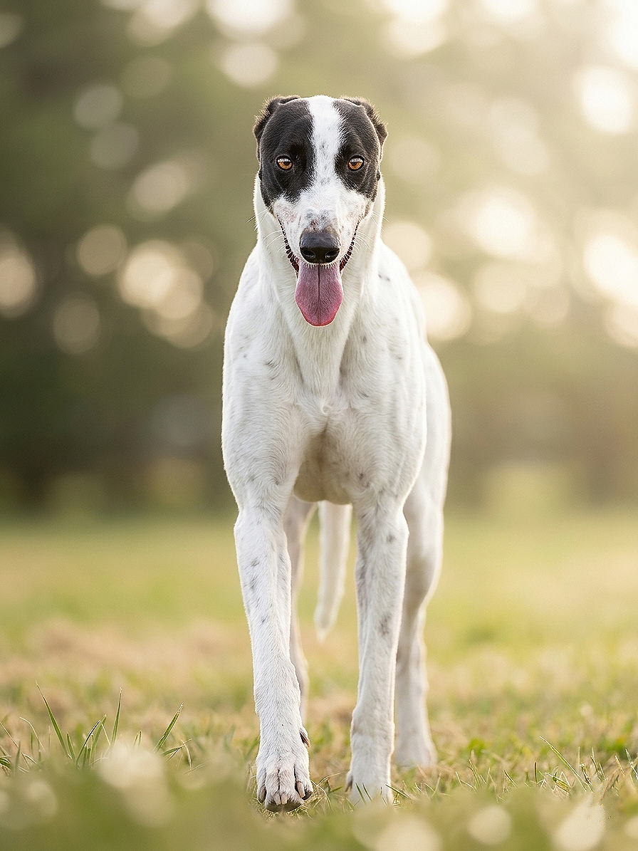 A black and white dog standing outdoors on grass with a blurred background of trees and sunlight. The dog is looking at the camera with its tongue out.