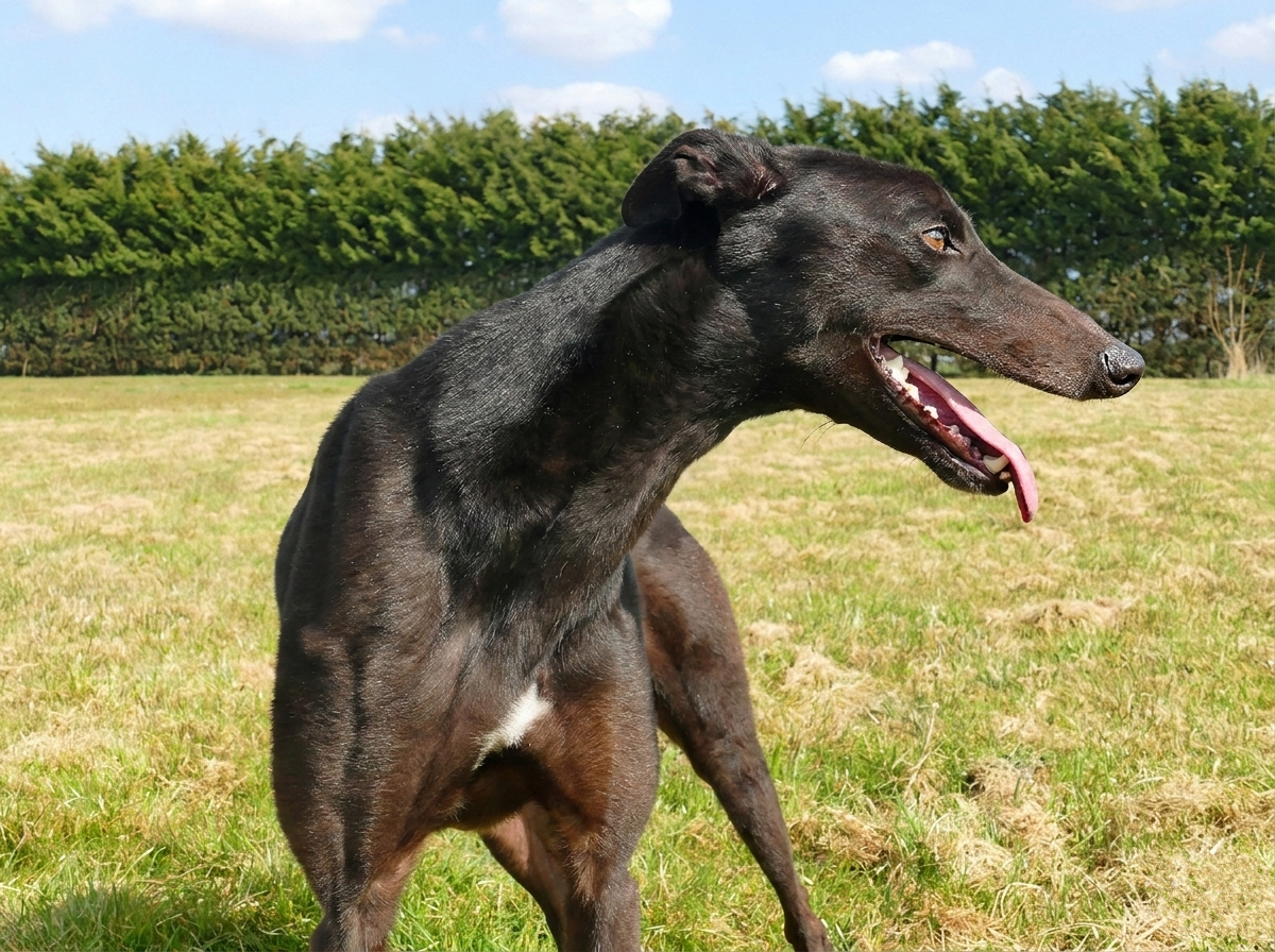 Black dog with a lean body standing in a grassy field, with trees in the background and a partly cloudy sky.