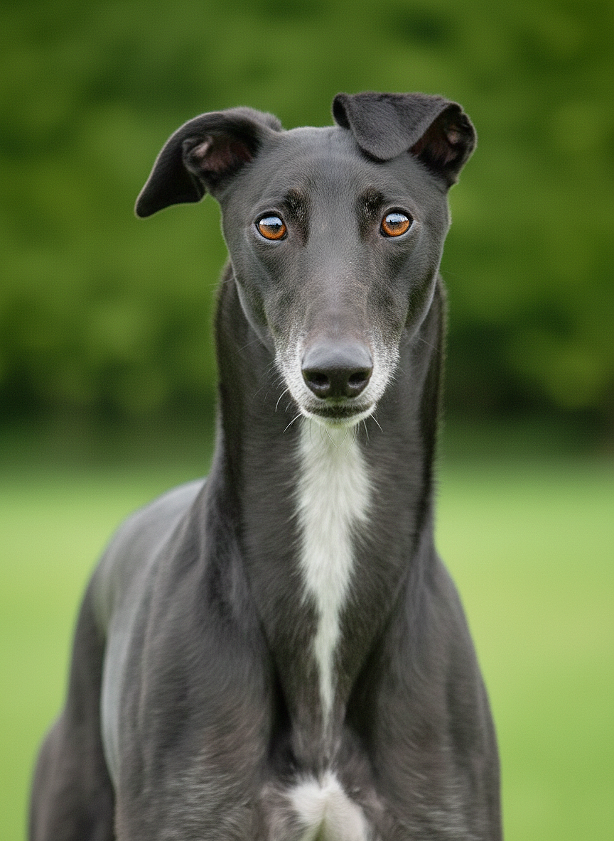 A black Greyhound dog with brown eyes and a white patch on its chest, sitting outdoors on a grassy area with a blurred green background.