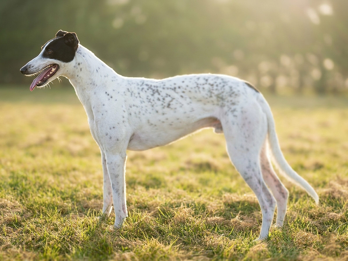 A white and black dog standing on grassy ground outdoors during sunset.