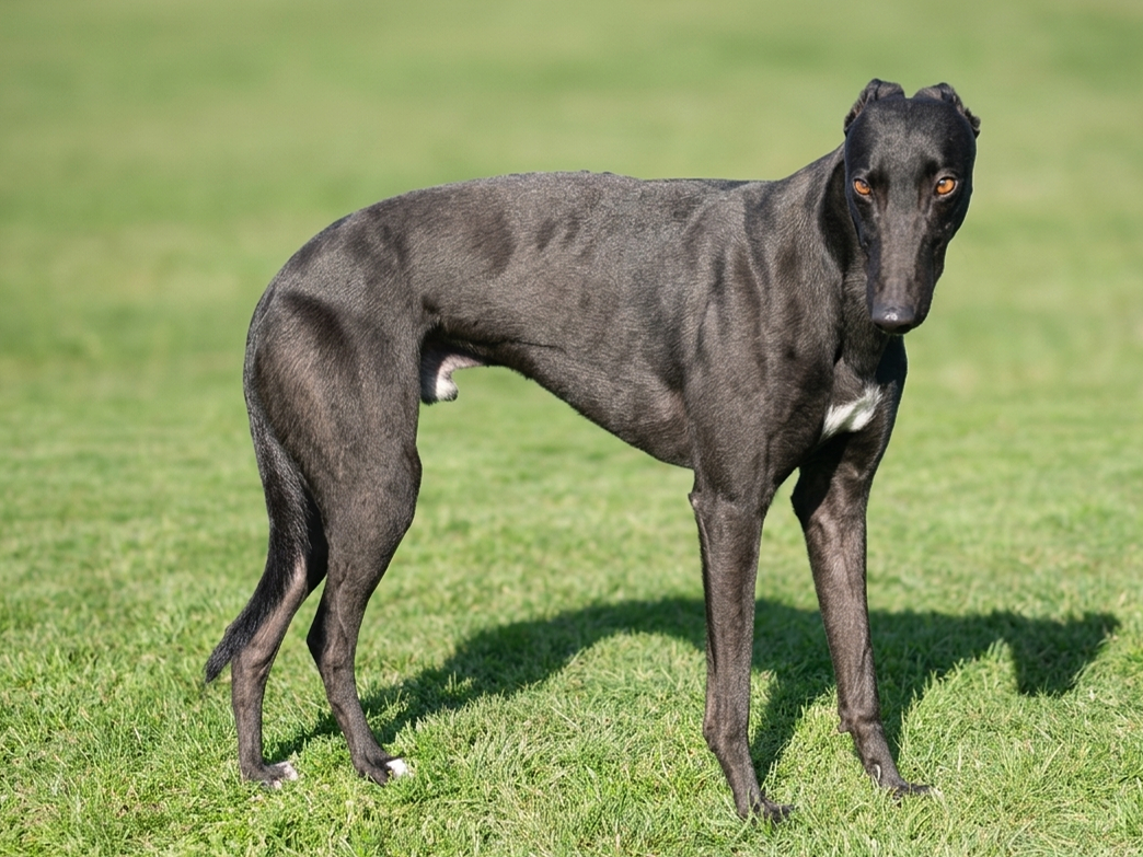 A black greyhound standing on a grassy field, looking at the camera.
