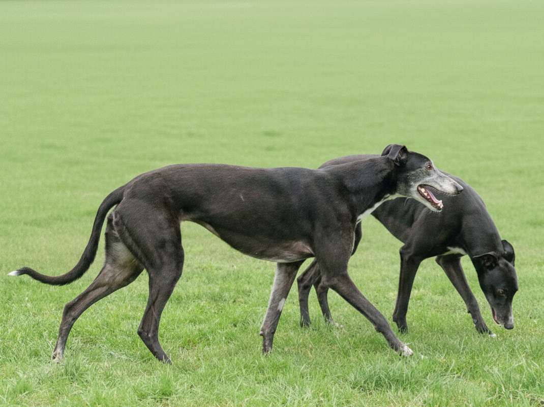 Two black Greyhounds walking on green grass in a park.